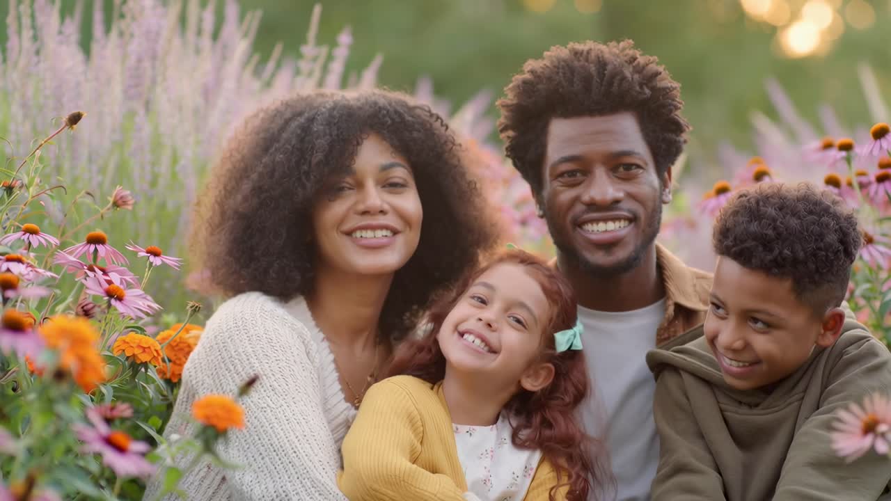 Bir bahçede, göz hizasında çekilmiş neşeli bir aile portresi
