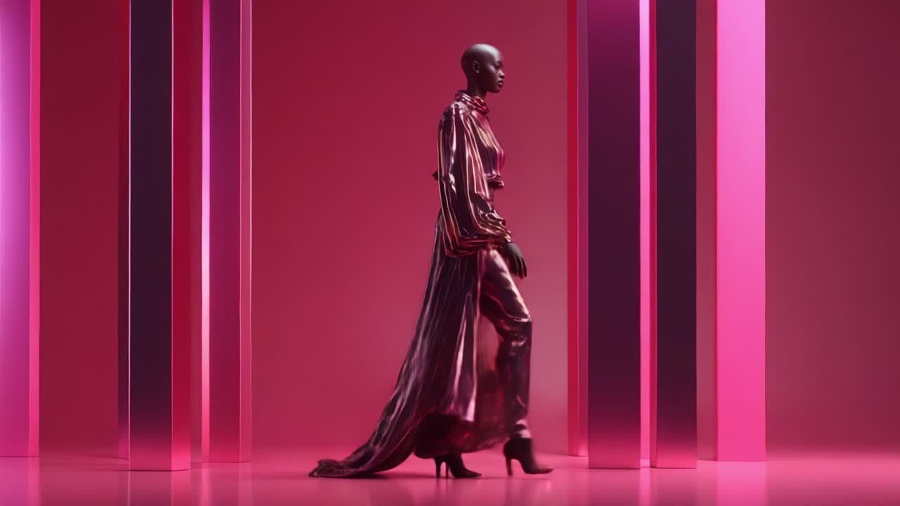 A Striking Model Walks Elegantly in a Vibrant Fashion Showcase, Highlighting a Stunning Metallic Dress Against a Bold Pink and Purple Stage Design, Creating a Visually Captivating Experience