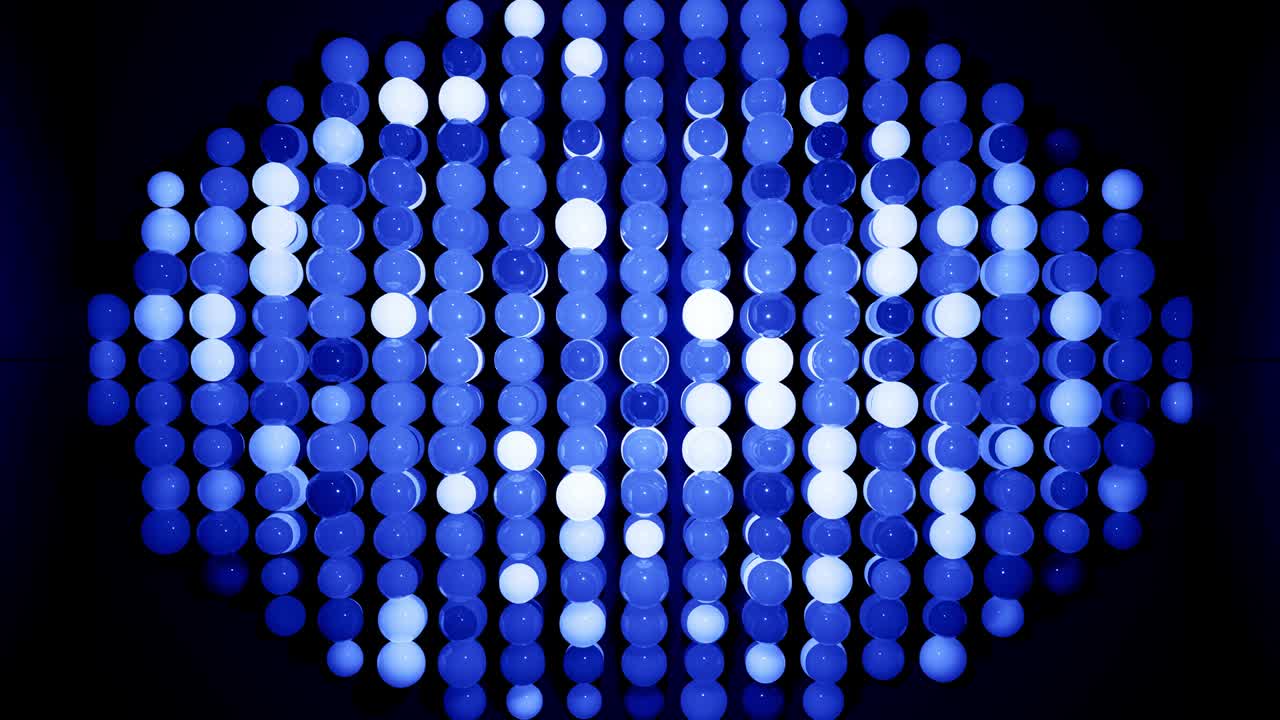 Sfondo astratto 4k di sfere nelle tonalità del blu. Sfere come LED sospese nell'aria che si accendono e si spengono. Sfondo luminoso ed elegante