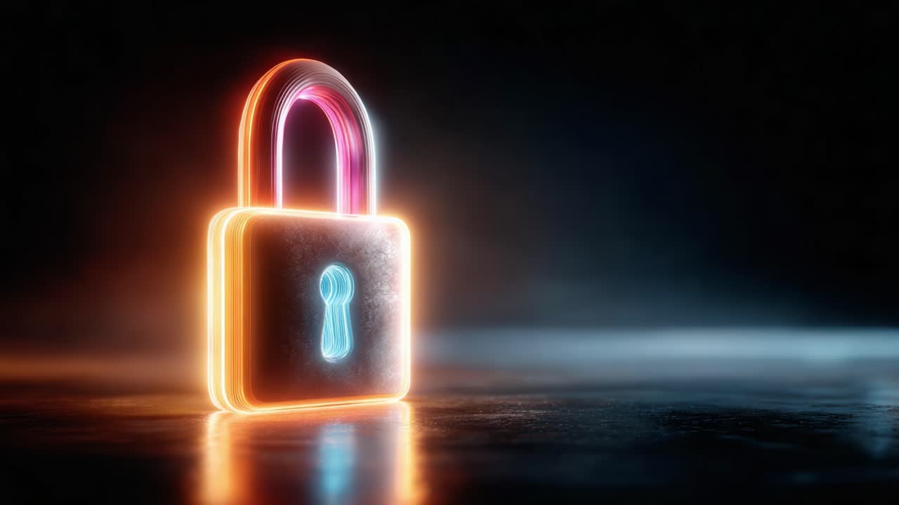A Captivating Glimpse of a Futuristic Neon Lock, Illuminating Security and Protection in a Darkened Environment, Showcasing Modern Design Aesthetics