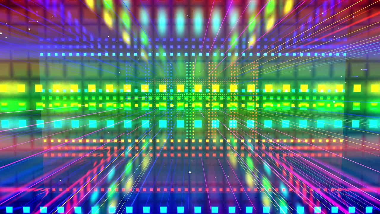 모션 그래픽, 카메라 플라이, 추상 예술 공간, 패턴과 입자를 가진 다층 구조, 반이는 직사각형, 줄무 및 선, 무지개 그라디언트 색상, 모션 디자인 루프, 3d 구조