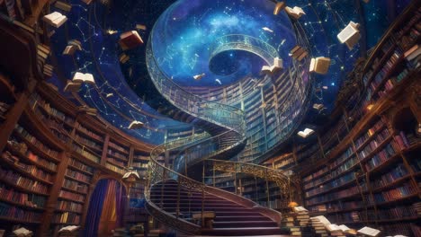 spiral staircase library with flying books and celestial design