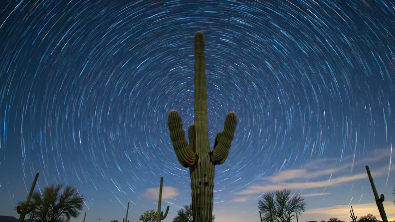 Captivating Night Sky Over Cactus: A Stunning Display of Star Trails in the Desert, Showcasing Nature's Beauty and the Unique Landscape of the Southwest