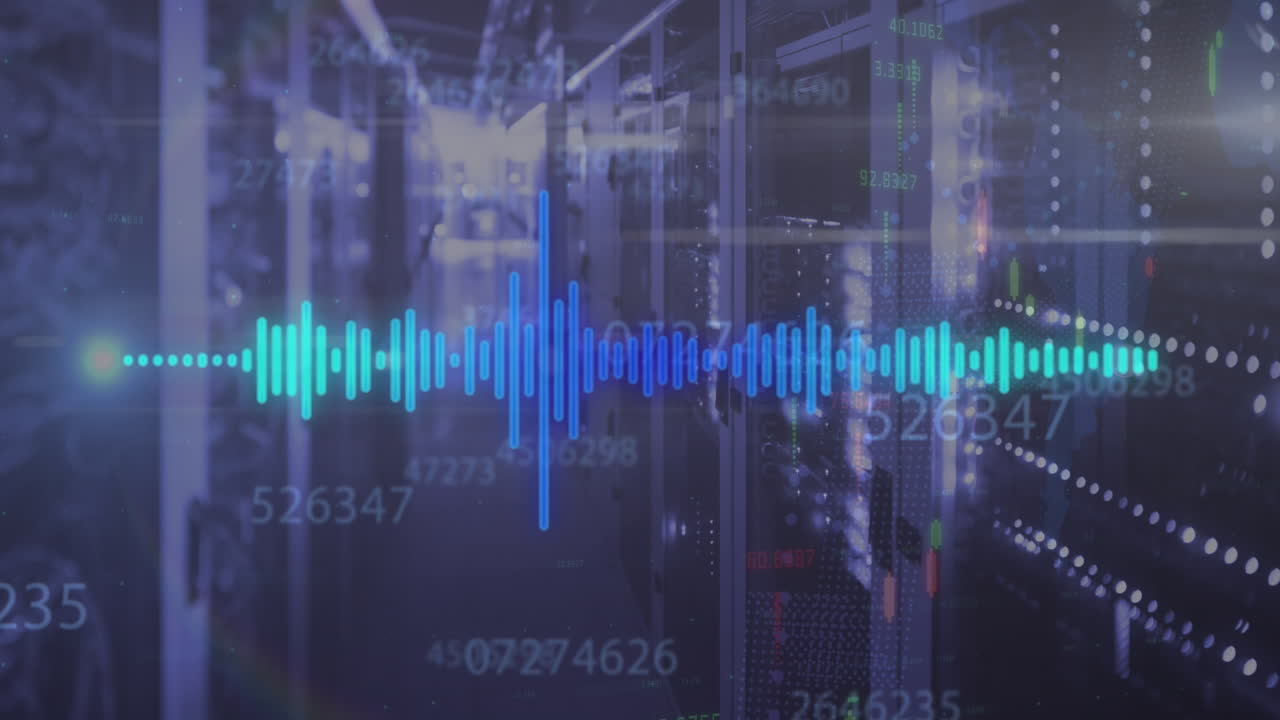 Animation of data processing and shapes over server room