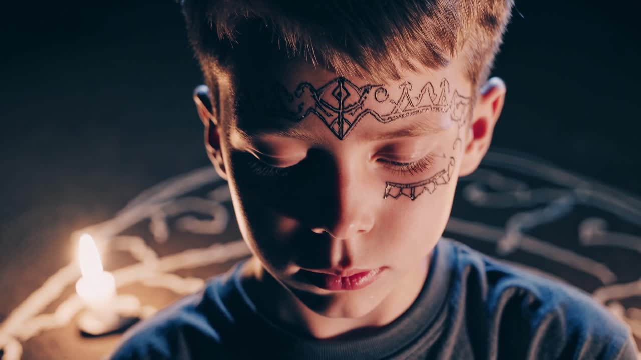 Caucasian child with painted face participating in an occult ritual inside a magic circle made with chalk, illuminated by two burning candles, creating a mysterious and eerie atmosphere