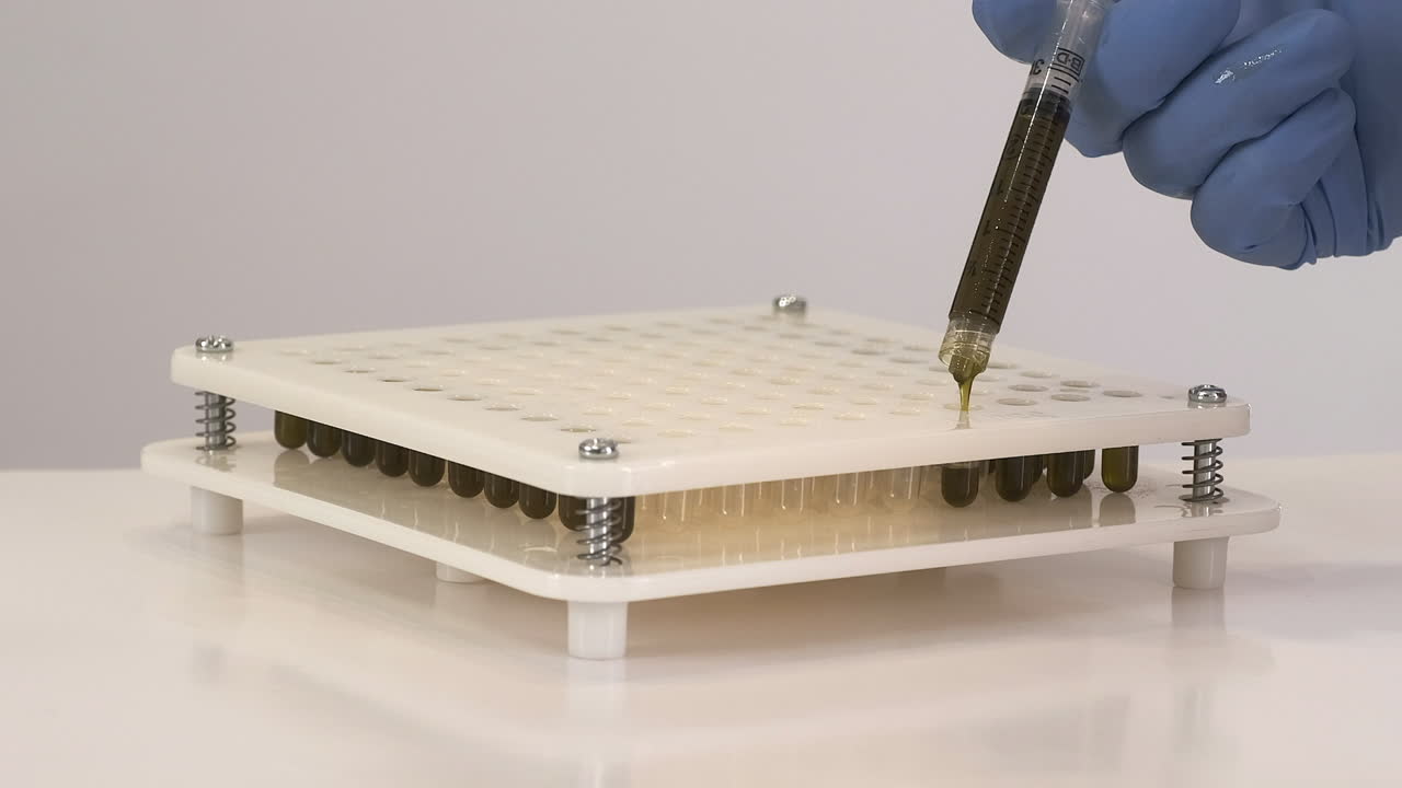 la mano enguantada usa una jeringa para llenar cápsulas de pastillas con aceite de cannabis marrón