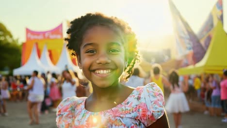 a young african american girl smiles happily at a festival.