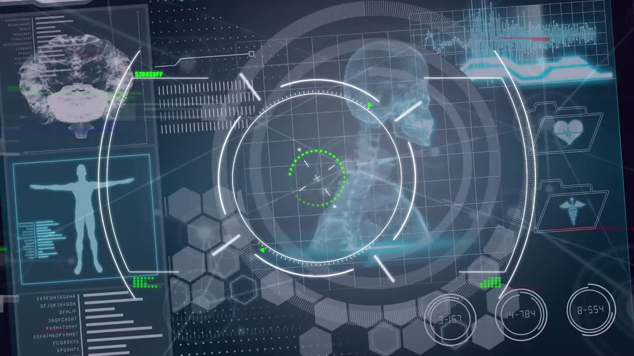 animación del procesamiento de datos y escaneo de alcance sobre iconos y formas científicas.