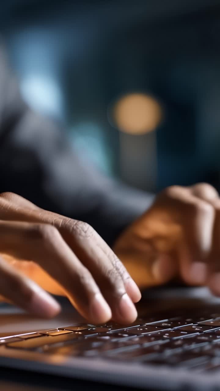 Close-Up of Hands Typing on a Laptop Keyboard in a Dimly Lit Environment, Capturing the Essence of Productivity and Technology in a Modern Workspace Setting