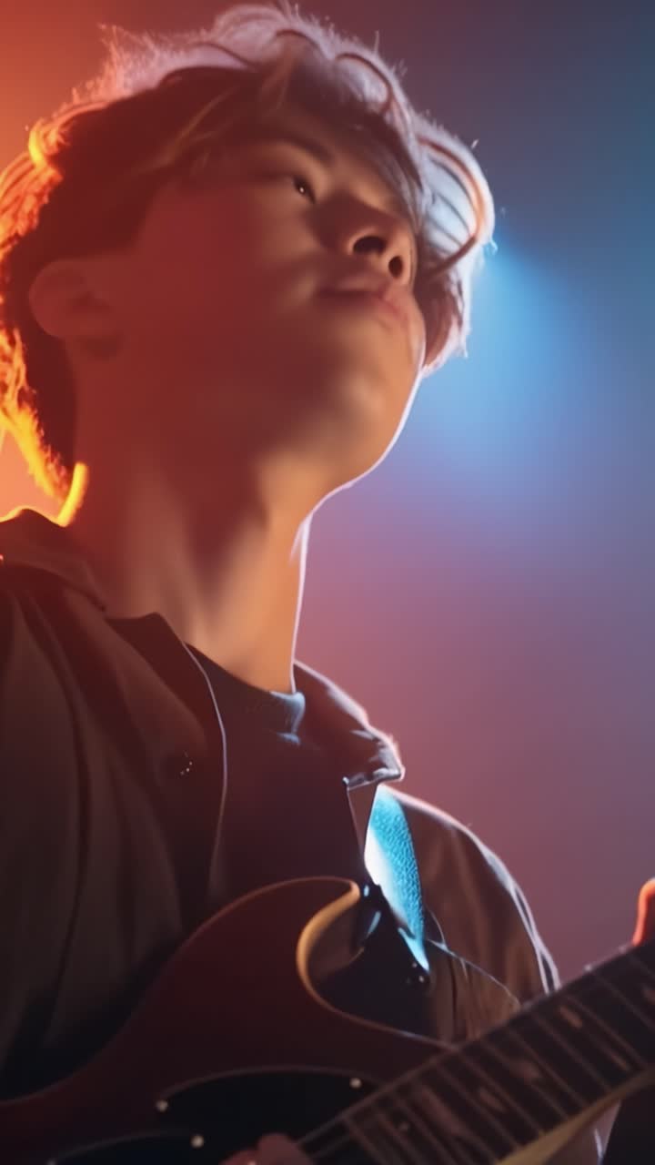 A Young Musician Embraces the Spotlight with Confidence While Playing Guitar, Showcasing Passion and Connection to the Art of Music in a Radiant Atmosphere