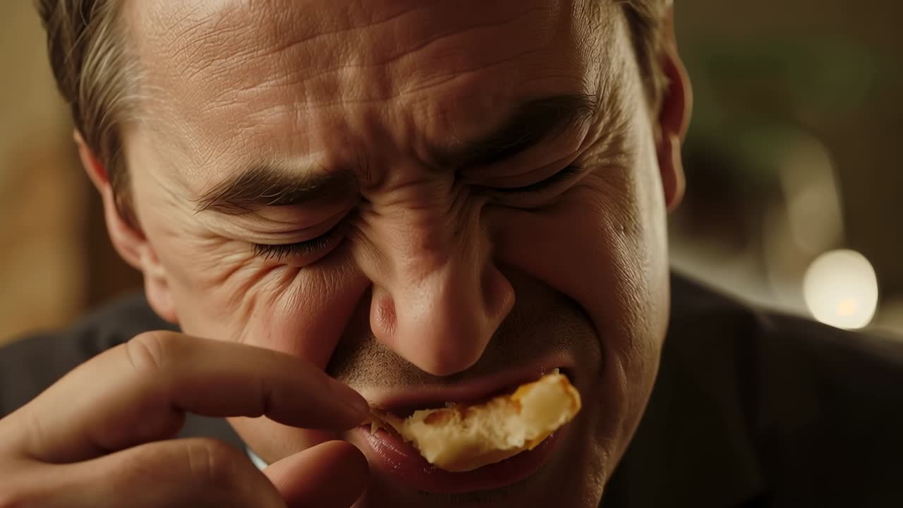 Sollevando un pasticcino, un uomo lo addenta, con la salsa che si allunga, e lo assaggia in un caffè, con la mano destra, briciole sul mento e in giacca e cravatta.