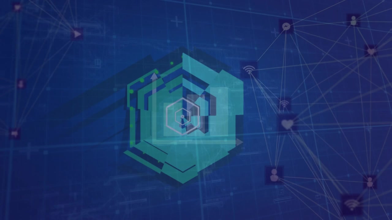 Animazione di una rete di connessioni con icone su elaborazione dati.