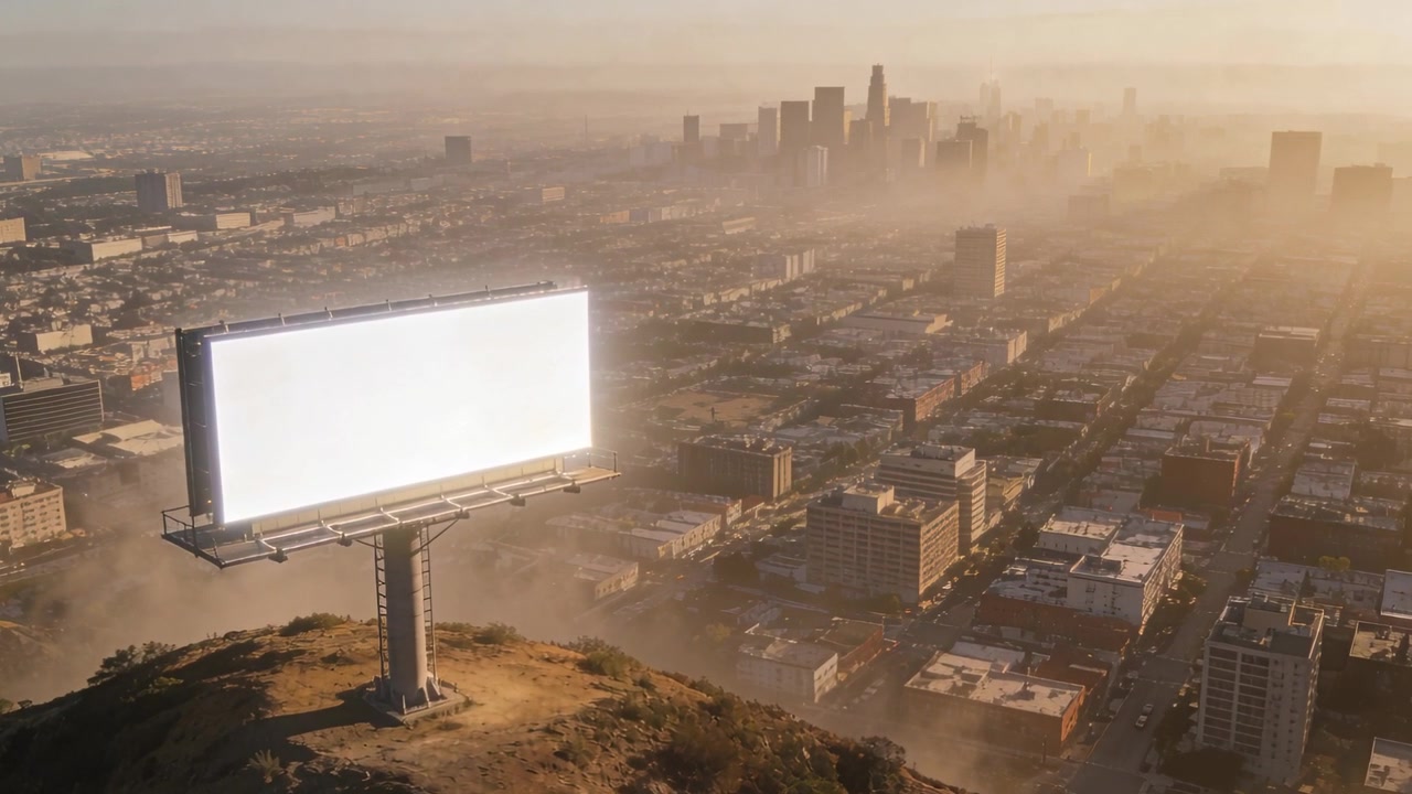 Cámara aérea panorámica siguiendo a la derecha y cuesta abajo, revelando una valla publicitaria iluminada, el horizonte, espacio para texto