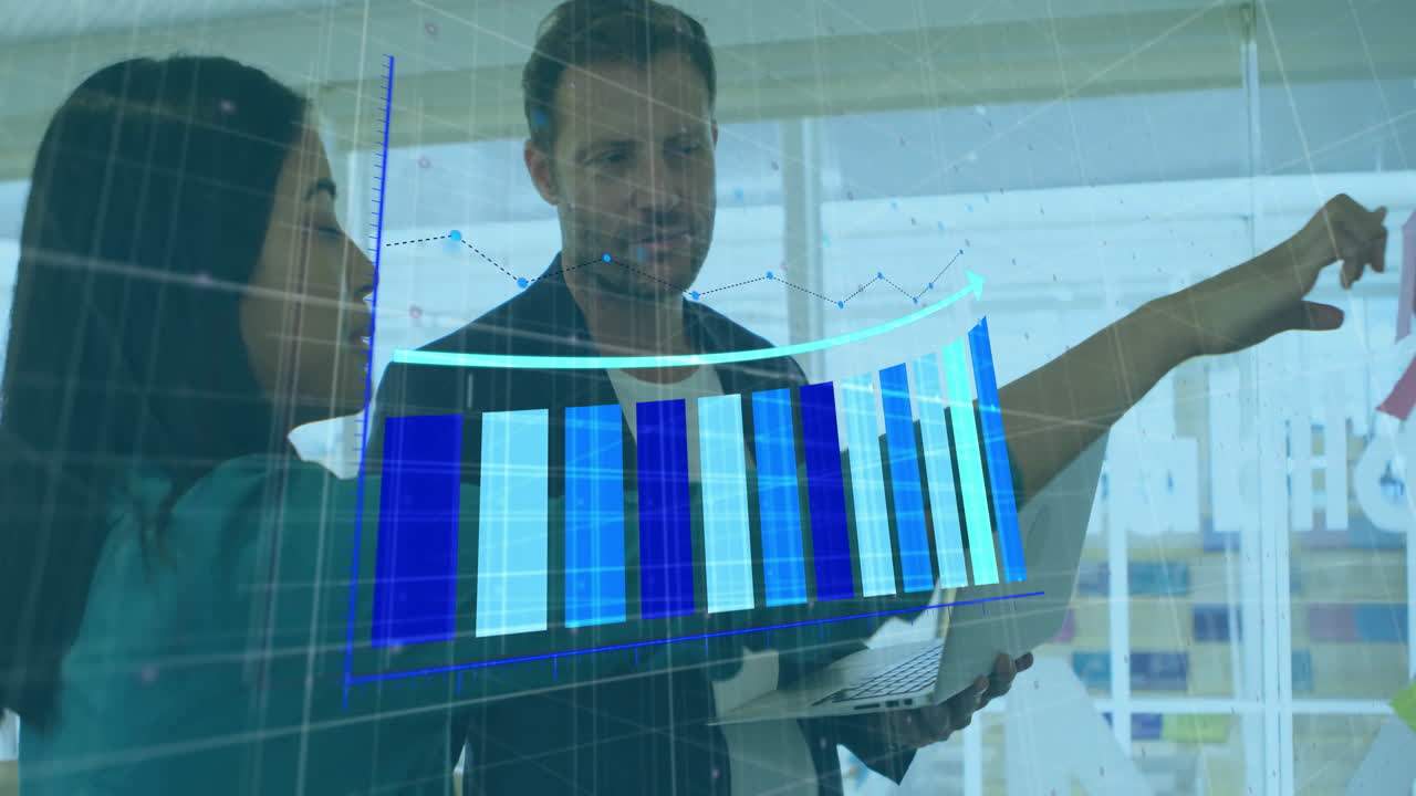 Discussing data visualization, business professionals in meeting with bar chart animation