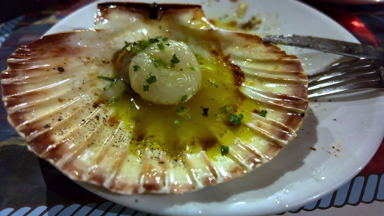 Grilled scallop served in a shell garnished with herbs and butter on a white plate