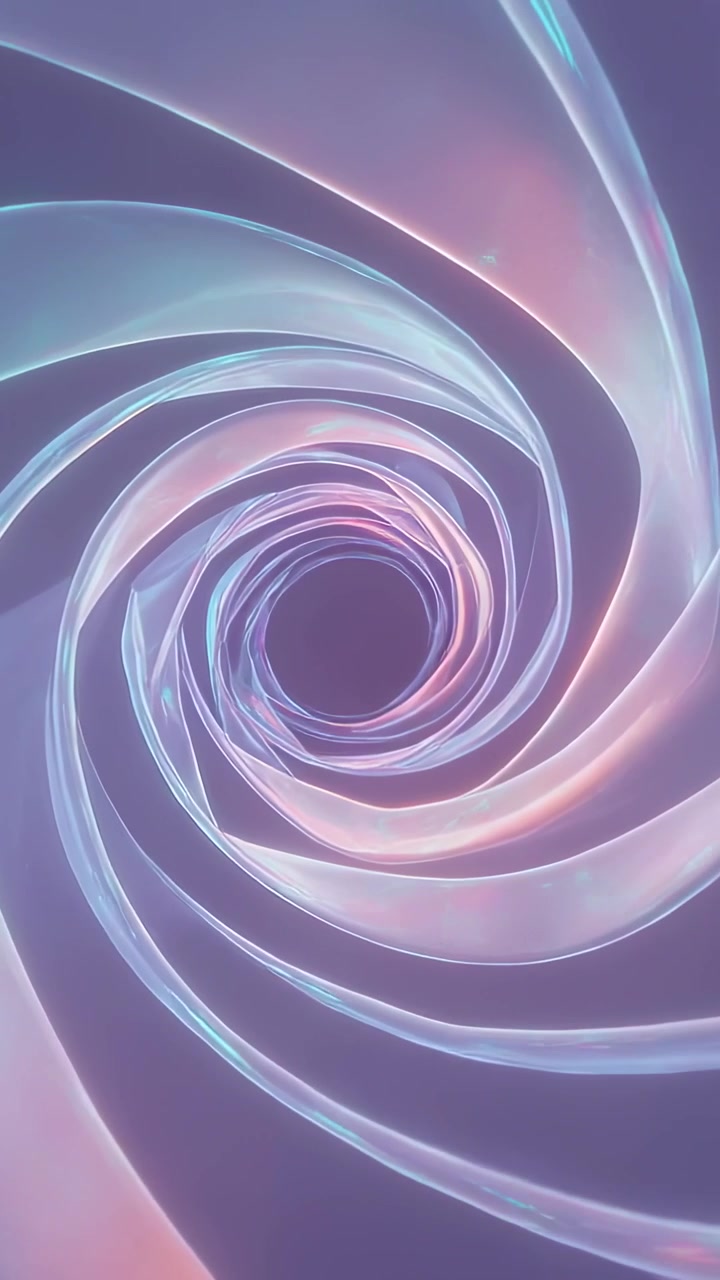 Vertical video: Looping iridescent spiral rotating inward in CG tube, pulling view to dark aperture