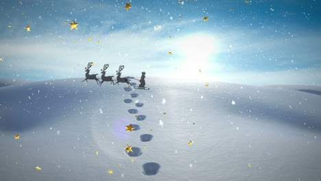 silhouette of snowboarding boy pulled by reindeers with falling stars animation.