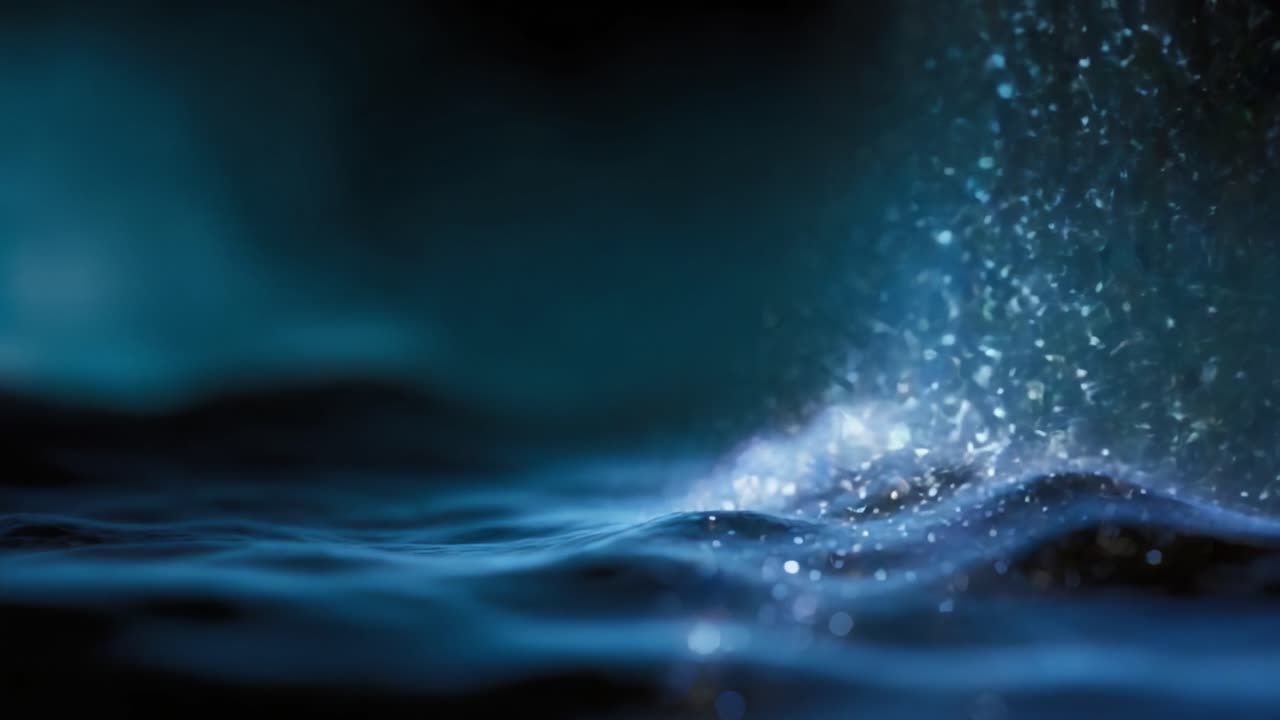 Cascata di luce ipnotica: una rappresentazione accattivante di scintillanti goccioline d'acqua che scendono a cascata in una serena pozza di onde turchesi rilassanti e bagliore etereo