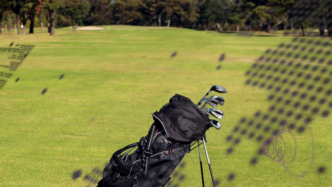 Sobreposição pontilhada surgindo, bolsa de golfe preta entrando, inclinando, desdobrando as pernas, repousando para demonstração