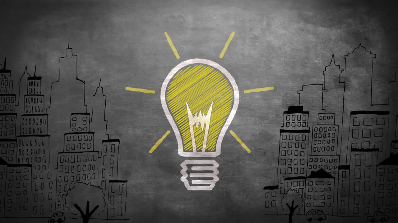 도시 풍경 위에 있는 전구 아이콘의 애니메이션