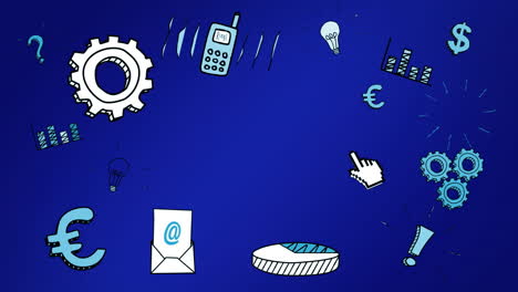 animation of business and financial icons on blue background