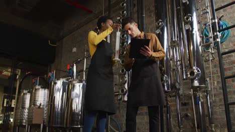 diverse male and female colleague at gin distillery inspecting equipment, talking and making notes