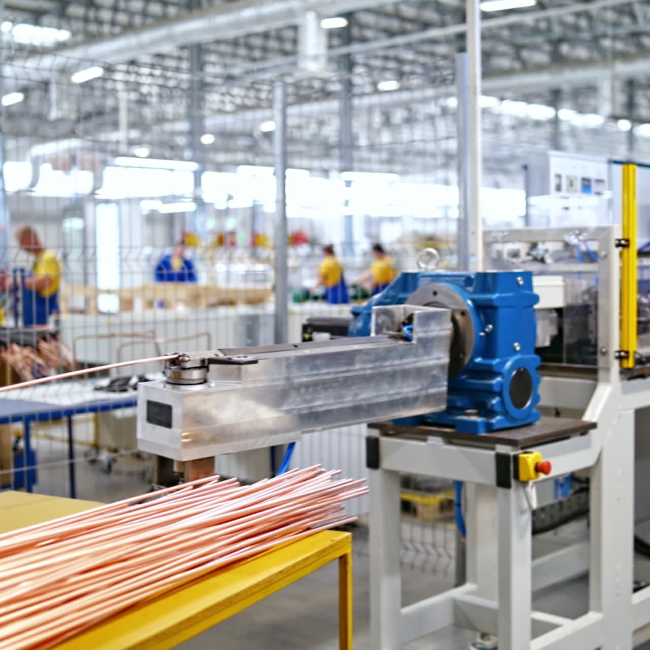 Interior of Industrial working place at factory. Robotic factory line for processing and quality control of goods. Worker at plant in blue uniform. Technology concept.