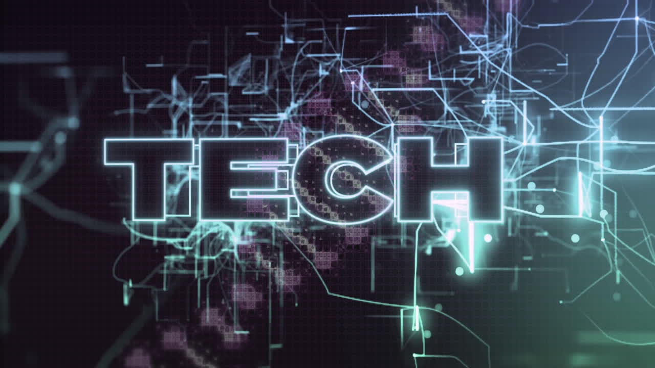 Animation of glowing TECH text with digital circuit lines on dark background