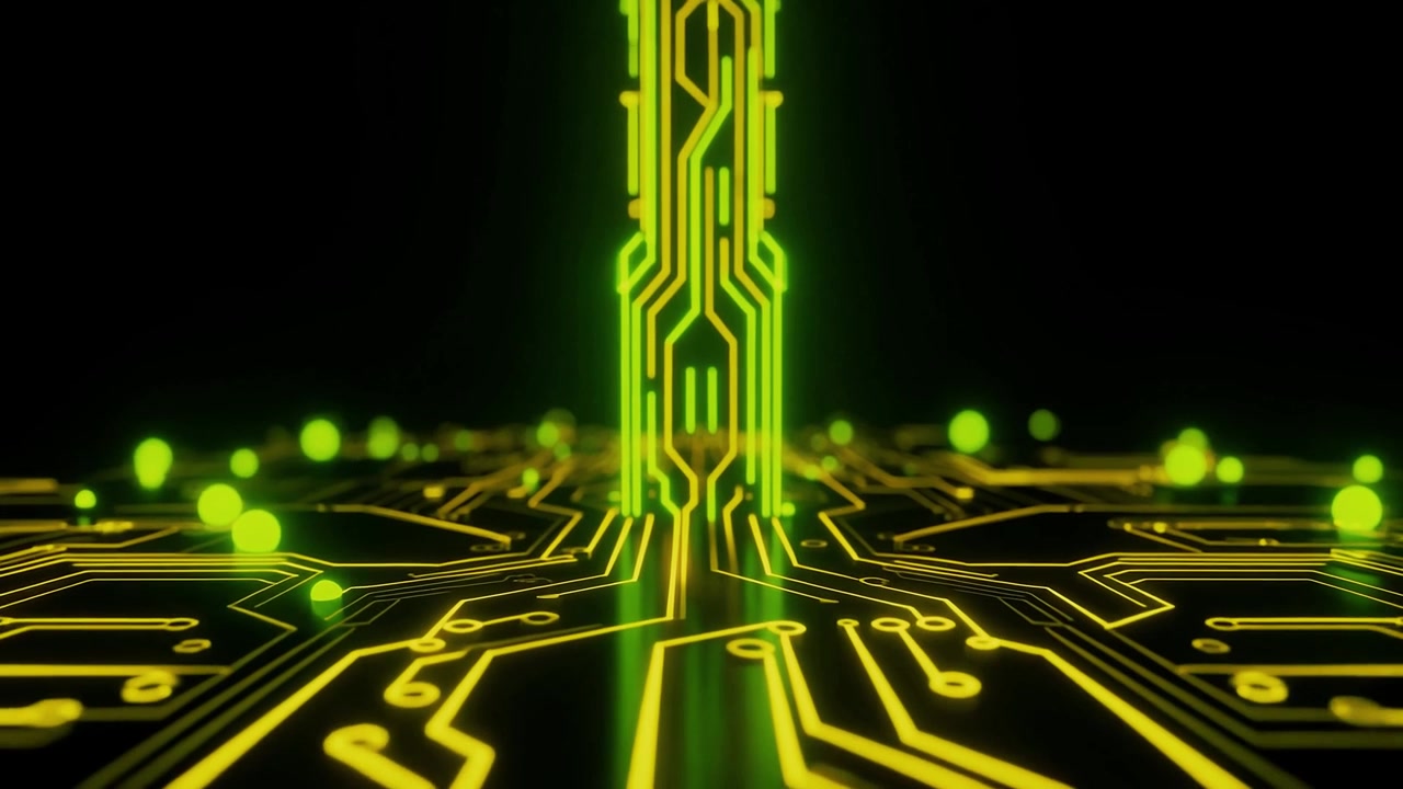 Futuristic Circuit Board with Green and Yellow Glowing Data Flow