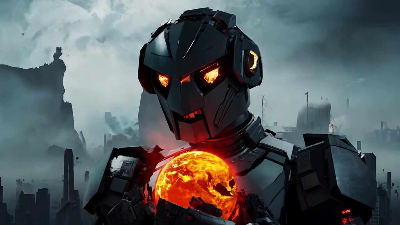 un robot futurista sosteniendo un globo brillante en una ciudad en ruinas