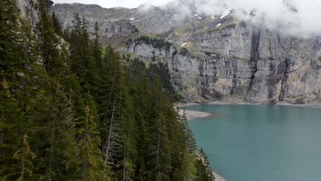 fotografía aérea del lago azul de oeschinen en suiza, rodeado de árboles
