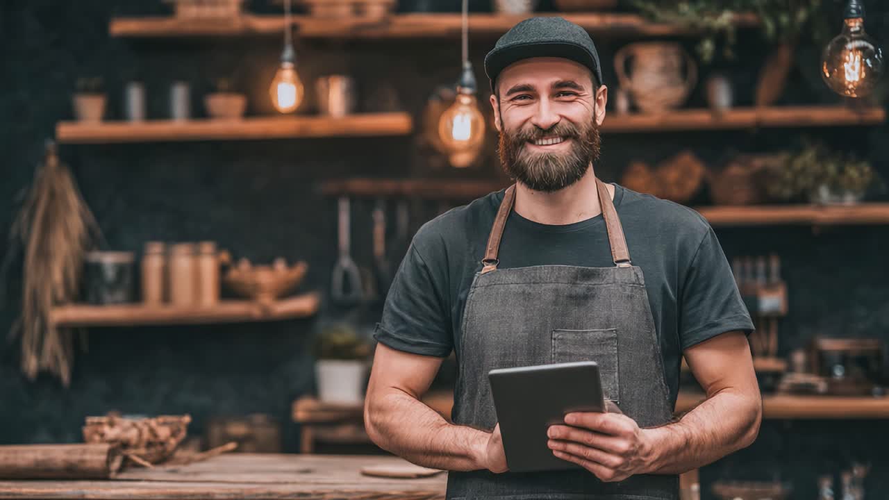 A Confident Artisan Smiles While Holding a Tablet in a Cozy, Rustic Setting Filled with Wooden Shelves and Warm Lighting, Showcasing Handmade Crafts and Goods