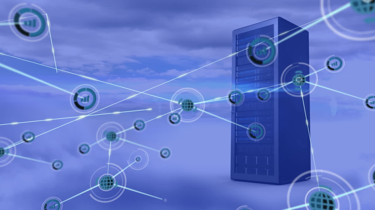 Animation of network of connections with icons over computer server in clouds