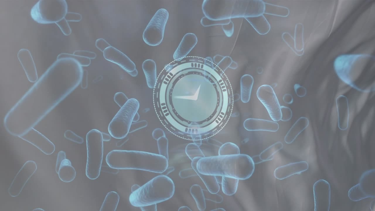 Animação de células bacterianas e relógio movendo-se sobre fundo líquido