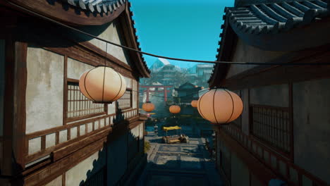 a traditional japanese street with lanterns