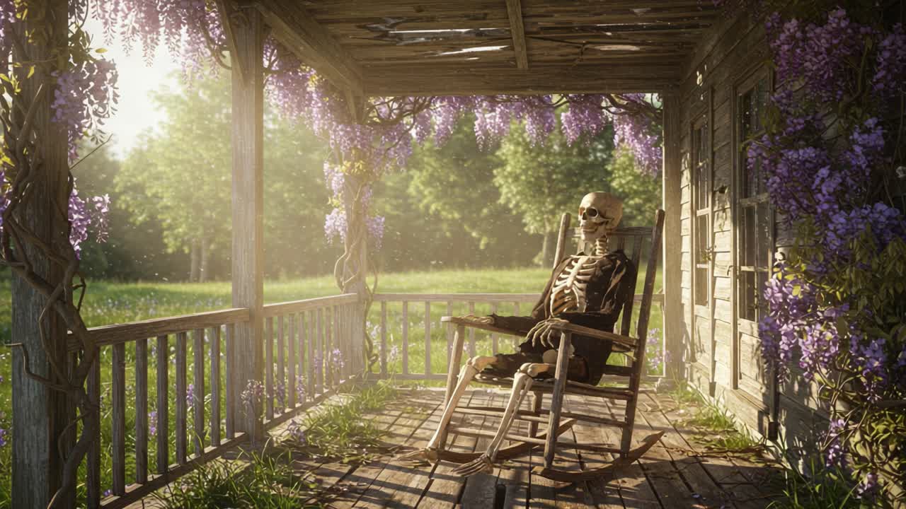 A Still Life of Time: A Skeleton Relaxing on an Old Porch Surrounded by Lush Wisteria Blooms in a Serene Natural Setting