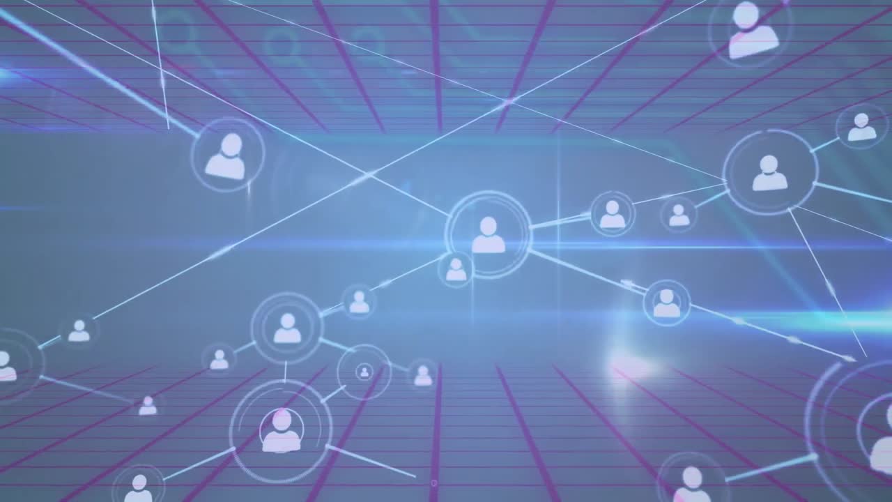 animación de la red de conexiones con iconos sobre el estadio deportivo