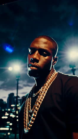 stylish man with gold chains at night