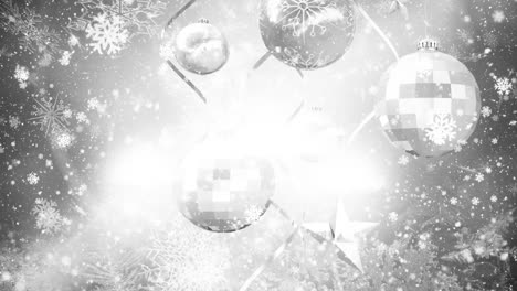 Animation-of-white-christmas-snowflakes-falling-white-light-and-silver-decorations