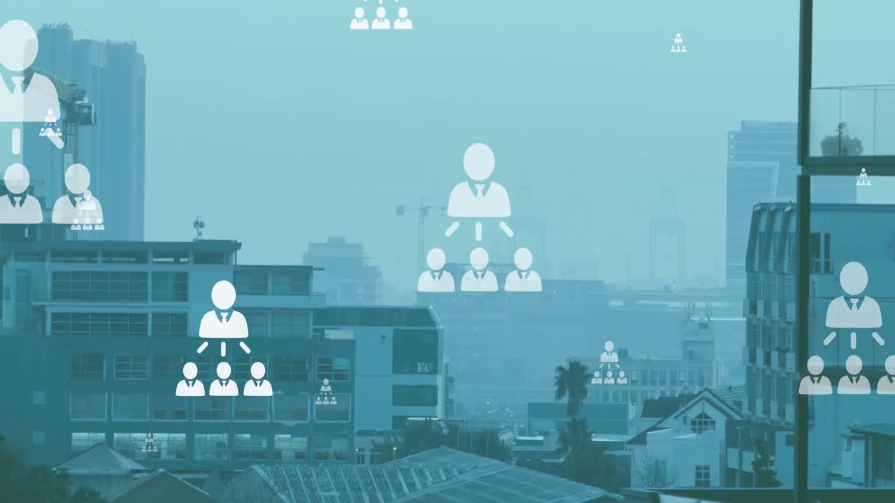 도시 풍경의 공중 전망에 대해 떠다니는 프로필 아이콘 네트워크의 애니메이션