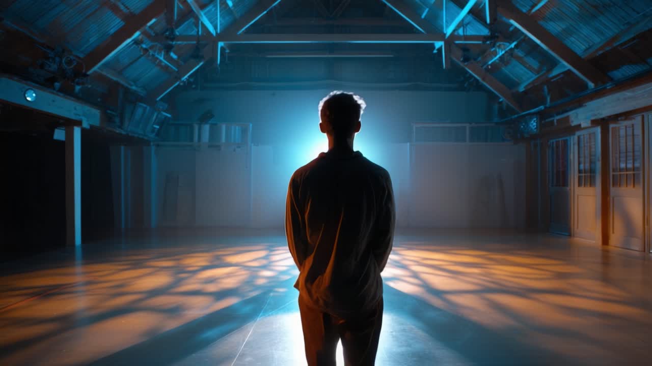Una silhouette si staglia in una stanza illuminata, rapita dall'affascinante gioco di luci e ombre che simboleggia introspezione e quieta contemplazione.