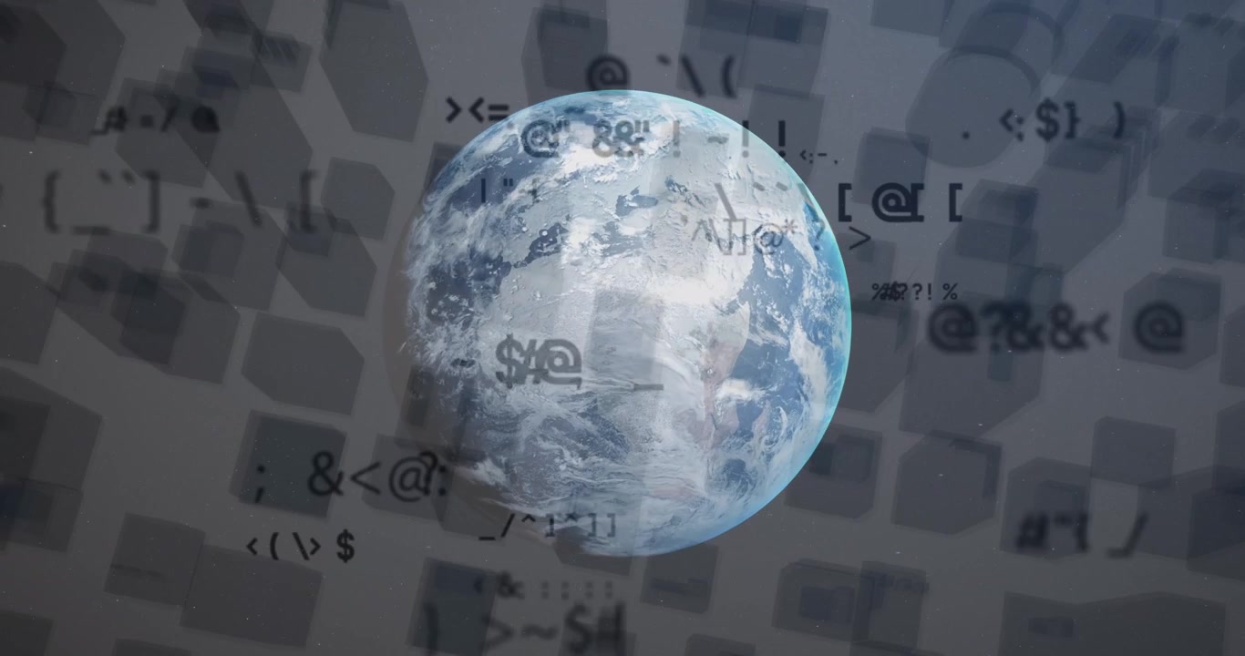 Animation of symbols over globe and blocks in background