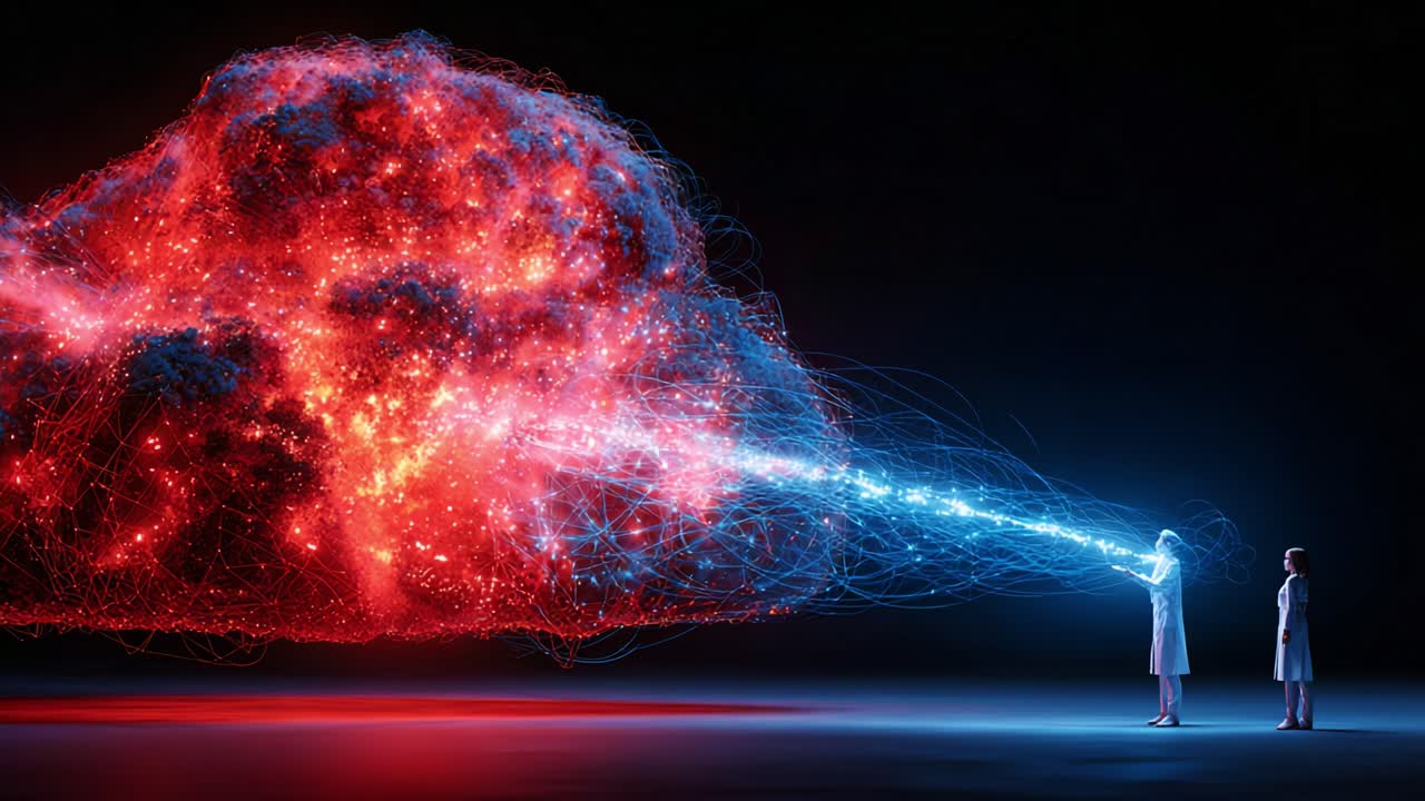 In a captivating display of creativity and science, two figures channel vibrant energy into a swirling cosmic cloud, merging artistry with intellect in an awe-inspiring visual symphony