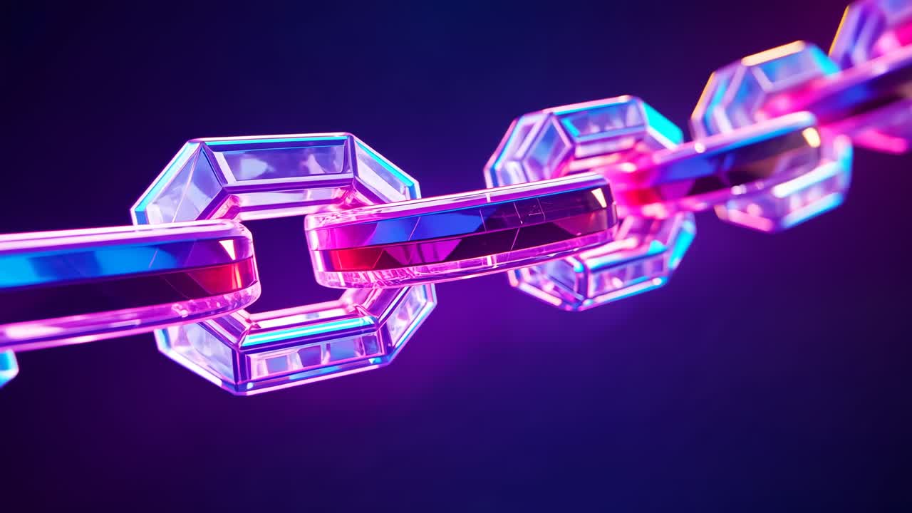 Sliding translucent octagonal chain entering from left in 3D studio, rotating to reveal neon facets