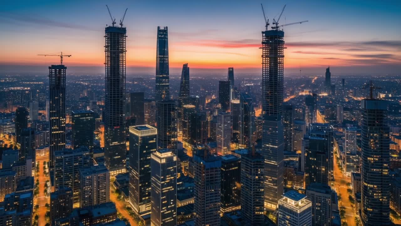 A Breathtaking Transformation of a Urban Skyline as Day Turns to Night, Showcasing Towering Skyscrapers and Vibrant City Lights in a Metropolis Setting
