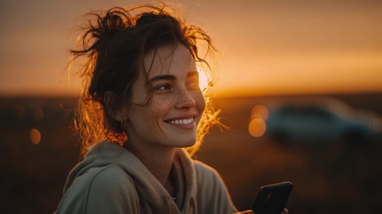 A Joyful Moment Captured: A Smiling Young Woman Enjoys a Beautiful Sunset While Holding a Phone, Radiating Warmth and Happiness in Nature's Embrace