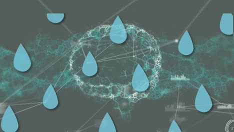 animación de gotas de agua, giro del cerebro y red de conexiones