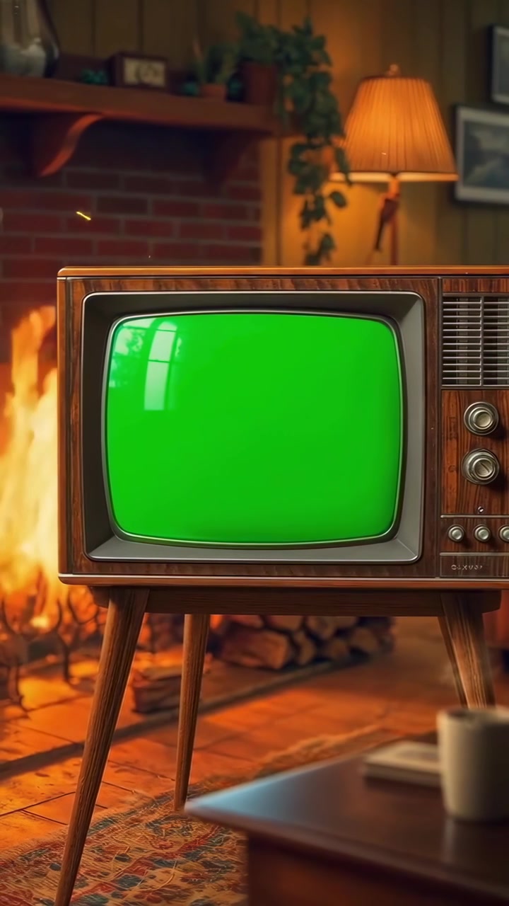 Televisione vintage con schermo verde in un soggiorno accogliente