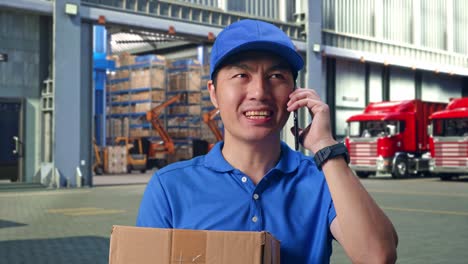 close up of asian male courier in blue uniform talking on smartphone while delivering a carton, outside of logistics distributions warehouse