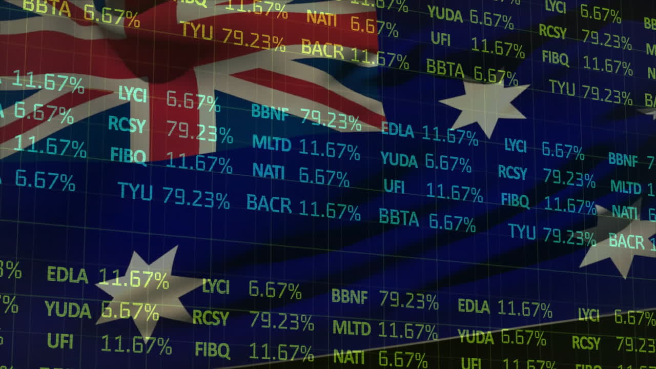 Stock market animation with Australian flag and financial data overlaying